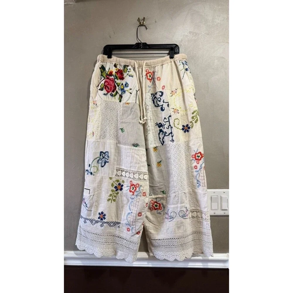 Free People Wallflower Pull-On Pants Embroidered Patchwork  L Imperfection